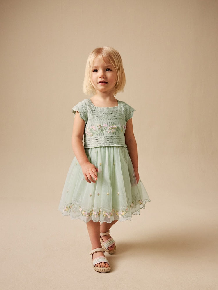 Sage Green Floral Crochet &amp; Tulle Party