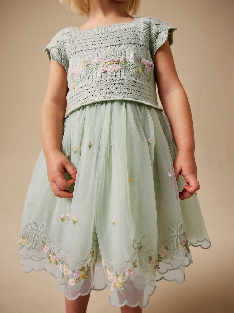 Sage Green Floral Crochet &amp; Tulle Party
