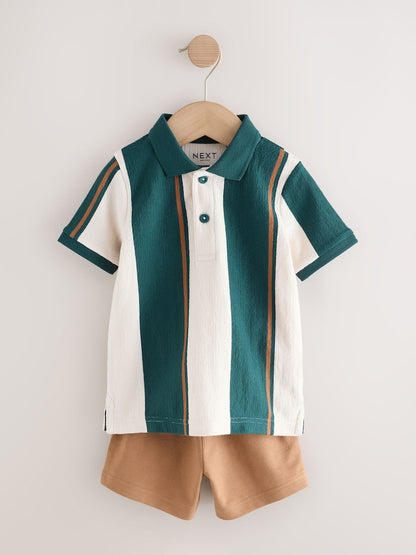 Green/Ecru Stripe Short Sleeve Polo Shirt and Shorts Set (3mths-7yrs)