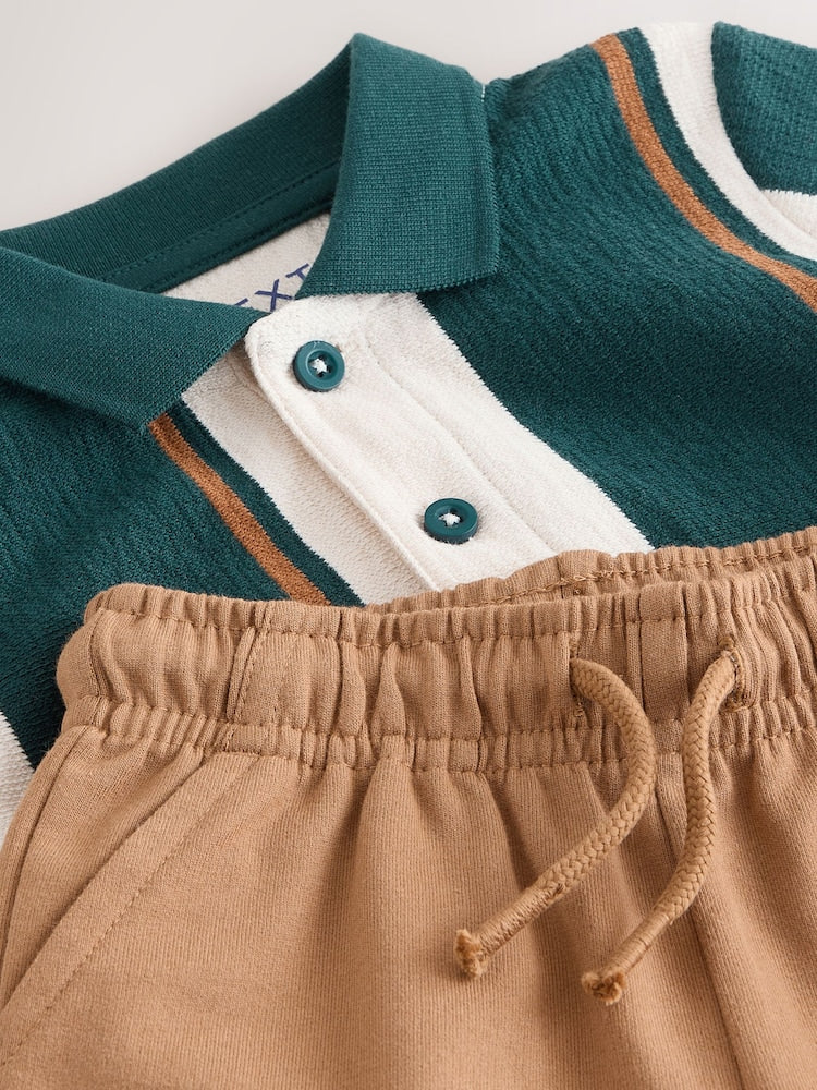Green/Ecru Stripe Short Sleeve Polo Shirt and Shorts Set (3mths-7yrs)