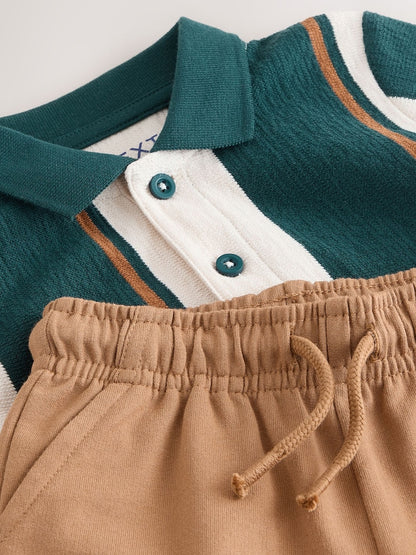 Green/Ecru Stripe Short Sleeve Polo Shirt and Shorts Set (3mths-7yrs)