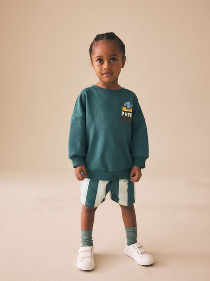Dark Green Crew Neck Sweatshirt and Shorts Set (3mths-7yrs) (3mths-7yrs) - Dark Green / 12-18 Months (80-86cm)