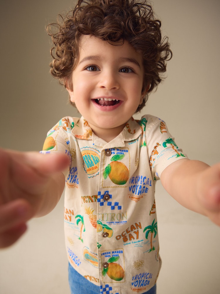 Ecru All Over Print Short Sleeve Revere Collar Printed Shirt (3mths-7yrs)