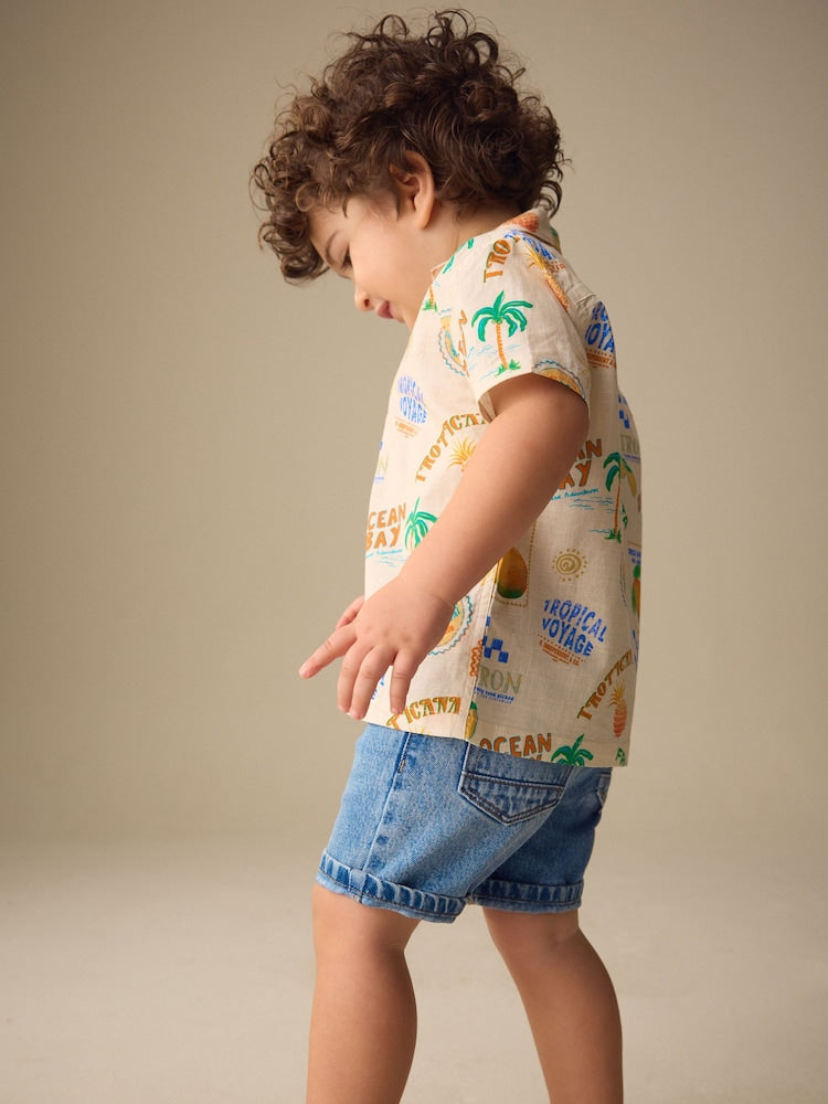 Ecru All Over Print Short Sleeve Revere Collar Printed Shirt (3mths-7yrs)