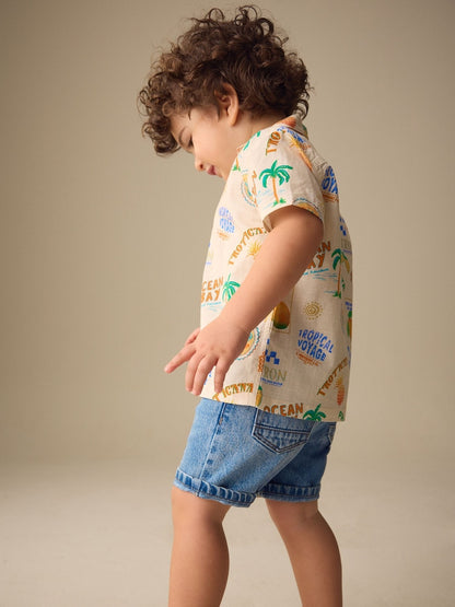 Ecru All Over Print Short Sleeve Revere Collar Printed Shirt (3mths-7yrs)