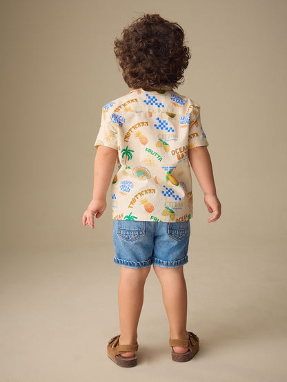 Ecru All Over Print Short Sleeve Revere Collar Printed Shirt (3mths-7yrs)