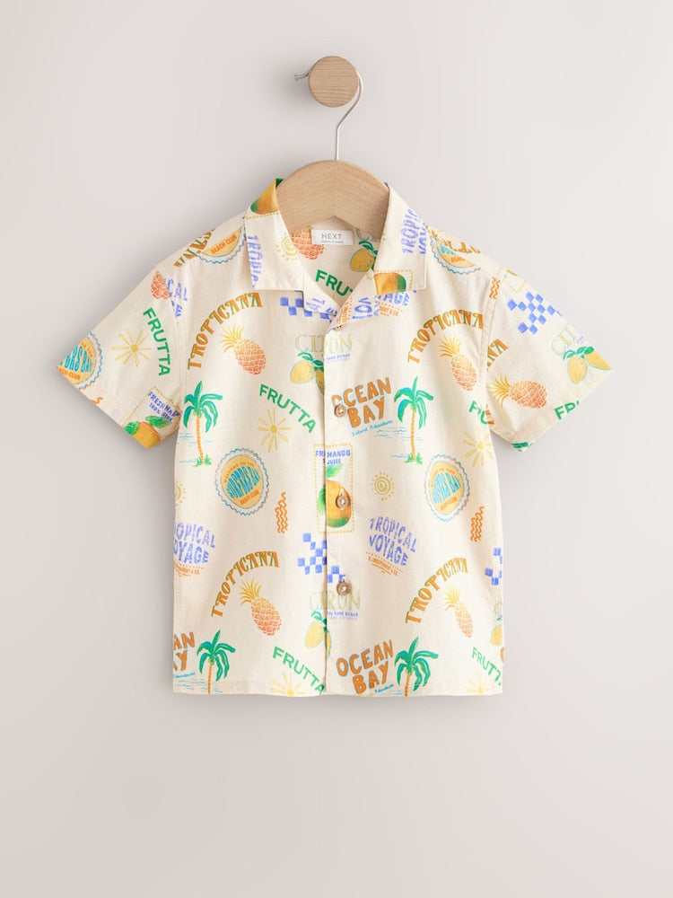 Ecru All Over Print Short Sleeve Revere Collar Printed Shirt (3mths-7yrs)