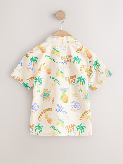 Ecru All Over Print Short Sleeve Revere Collar Printed Shirt (3mths-7yrs)