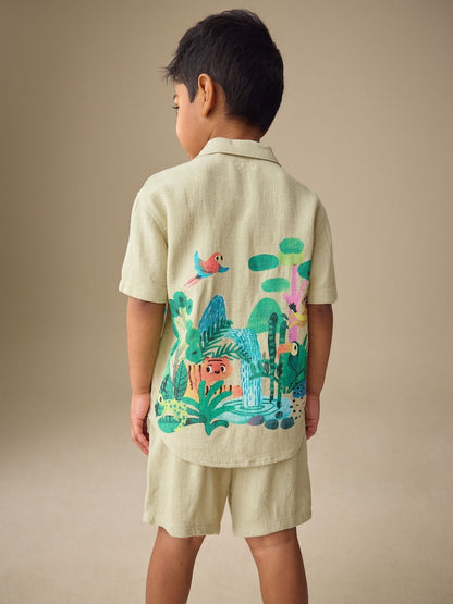 Light Green Jungle Print Short Sleeve Revere Collar Shirt &amp; Shorts Set (3mths-10yrs)
