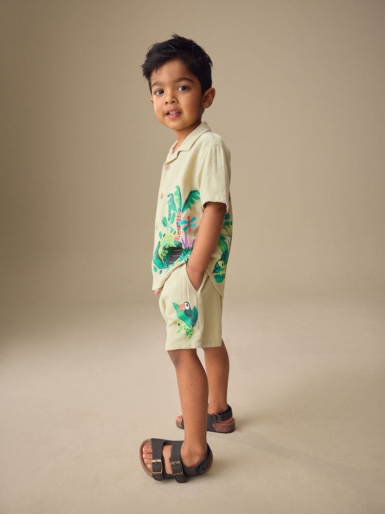 Light Green Jungle Print Short Sleeve Revere Collar Shirt &amp; Shorts Set (3mths-10yrs)