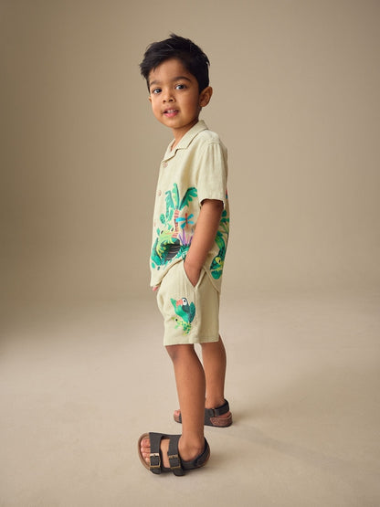 Light Green Jungle Print Short Sleeve Revere Collar Shirt &amp; Shorts Set (3mths-10yrs)