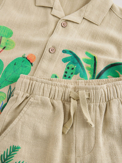 Light Green Jungle Print Short Sleeve Revere Collar Shirt &amp; Shorts Set (3mths-10yrs)