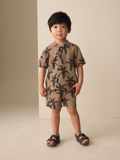 Brown All over Print Palm Short Sleeve Double Cloth Shirt &amp; Shorts Set (3mths-10yrs) - Size 3-6 Months (62-68cm) - Brown All over Print Palm