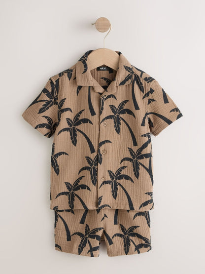 Brown All over Print Palm Short Sleeve Double Cloth Shirt &amp; Shorts Set (3mths-10yrs) - Size 3-6 Months (62-68cm)