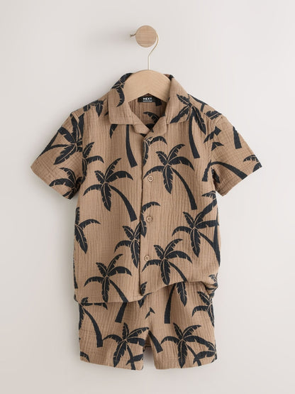 Brown All over Print Palm Short Sleeve Double Cloth Shirt &amp; Shorts Set (3mths-10yrs) - Size 3-6 Months (62-68cm)