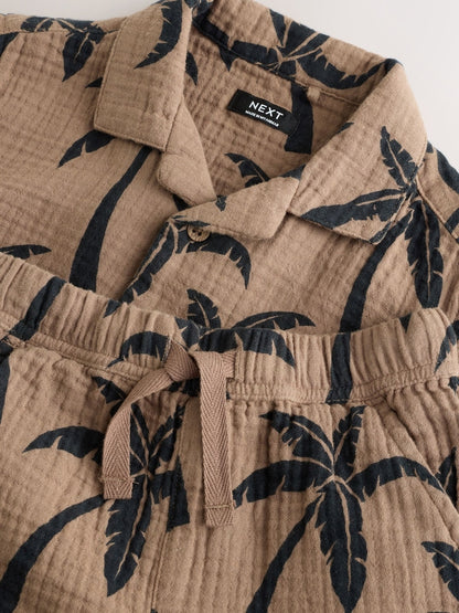 Brown All over Print Palm Short Sleeve Double Cloth Shirt &amp; Shorts Set (3mths-10yrs)