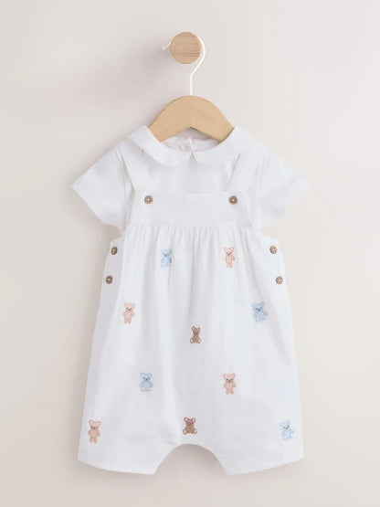 White Embroidered Bear Woven Dungaree and Bodysuit Baby Set (0mths-3yrs)