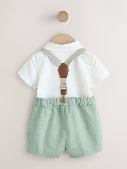 Sage Green Shirt Body Shorts and Braces Baby Set 3 Piece (0mths-2yrs)