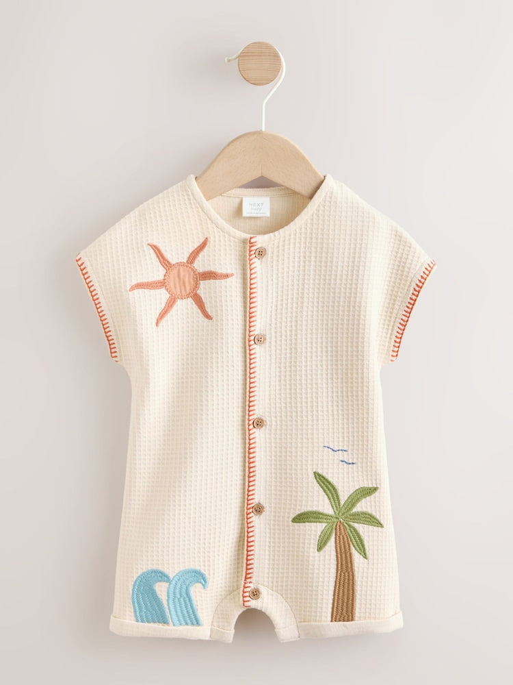 Neutral Palm Print Jersey Waffle Baby Romper (0mths-3yrs) - Neutral Palm Print / 12-18 Months (80-86cm)