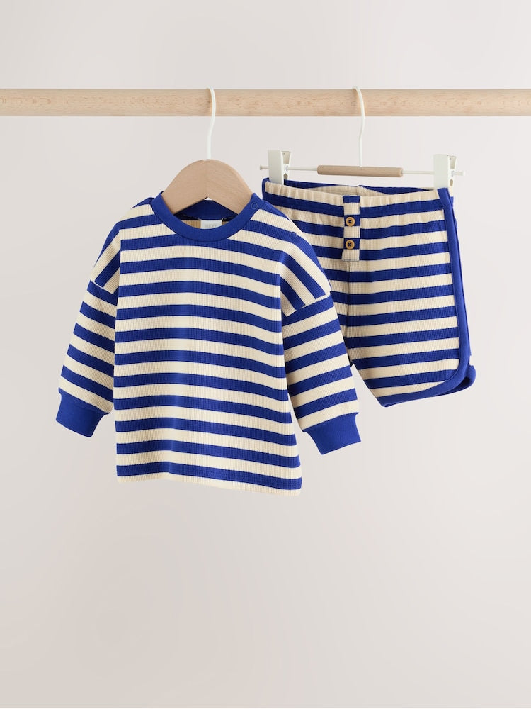 Blue Stripe Long Sleeve Top and Shorts Baby Set (0mths-2yrs)