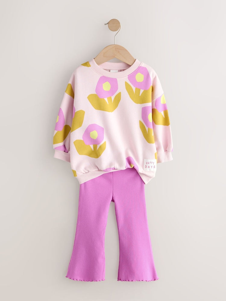 Light Pink Flowers Crew Neck Sweatshirt and Flare Leggings Set (3mths-7yrs)