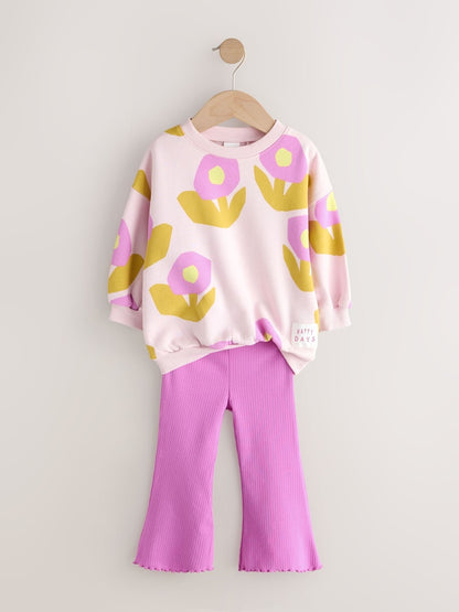 Light Pink Flowers Crew Neck Sweatshirt and Flare Leggings Set (3mths-7yrs)