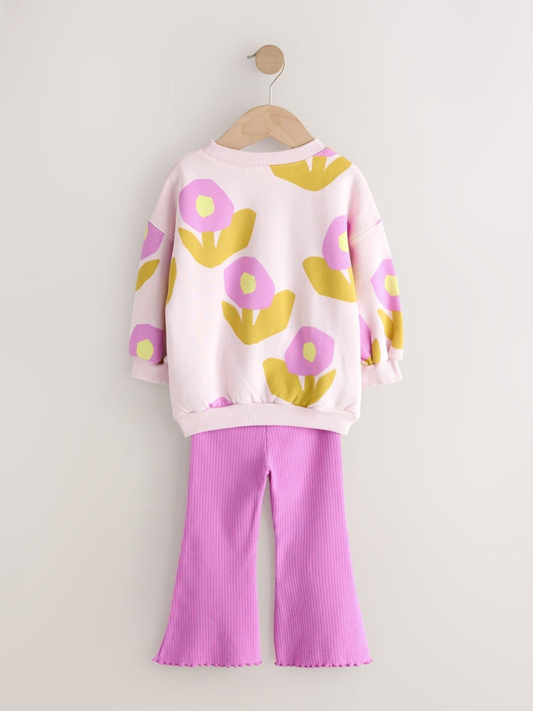 Light Pink Flowers Crew Neck Sweatshirt and Flare Leggings Set (3mths-7yrs)