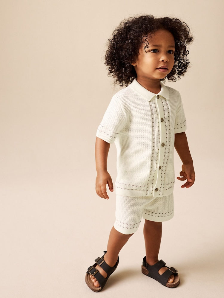 Ecru Textured Knitted Button Through Polo Shirt and Shorts Set (3mths-10yrs) - Ecru / 12-18 Months (80-86cm)