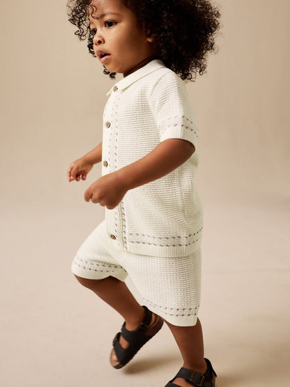 Ecru Textured Knitted Button Through Polo Shirt and Shorts Set (3mths-10yrs)