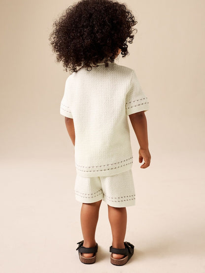 Ecru Textured Knitted Button Through Polo Shirt and Shorts Set (3mths-10yrs)