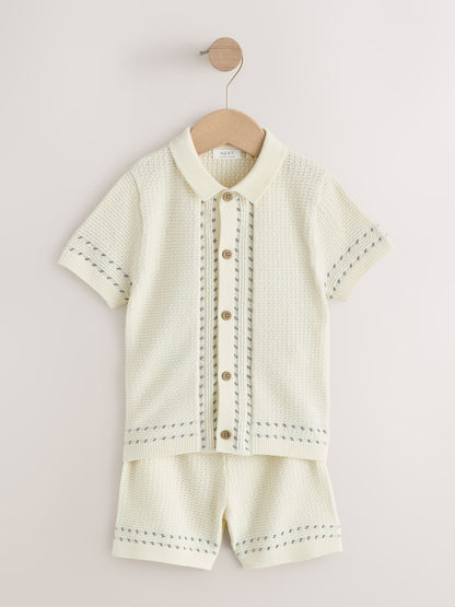 Ecru Textured Knitted Button Through Polo Shirt and Shorts Set (3mths-10yrs)