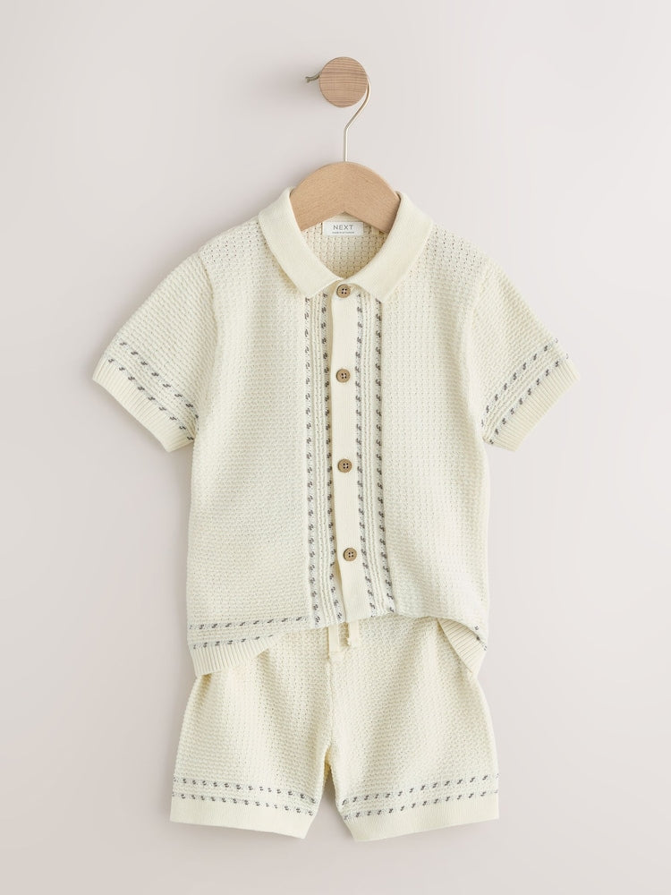 Ecru Textured Knitted Button Through Polo Shirt and Shorts Set (3mths-10yrs)