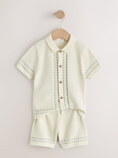 Ecru Textured Knitted Button Through Polo Shirt and Shorts Set (3mths-10yrs)