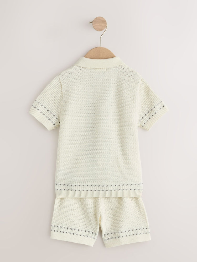 Ecru Textured Knitted Button Through Polo Shirt and Shorts Set (3mths-10yrs)