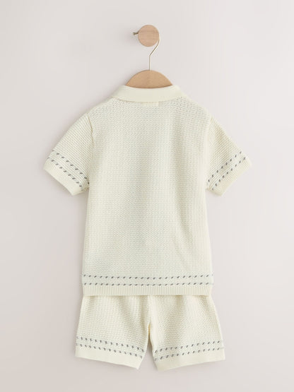 Ecru Textured Knitted Button Through Polo Shirt and Shorts Set (3mths-10yrs)
