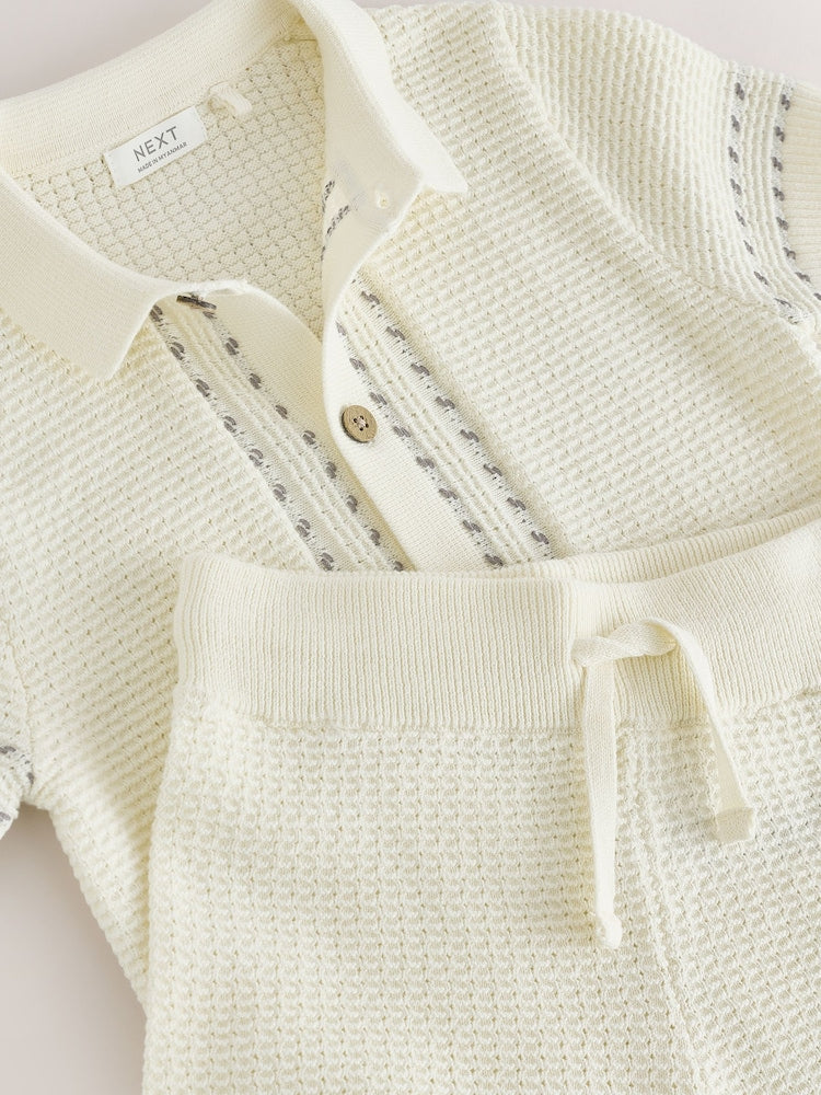 Ecru Textured Knitted Button Through Polo Shirt and Shorts Set (3mths-10yrs)