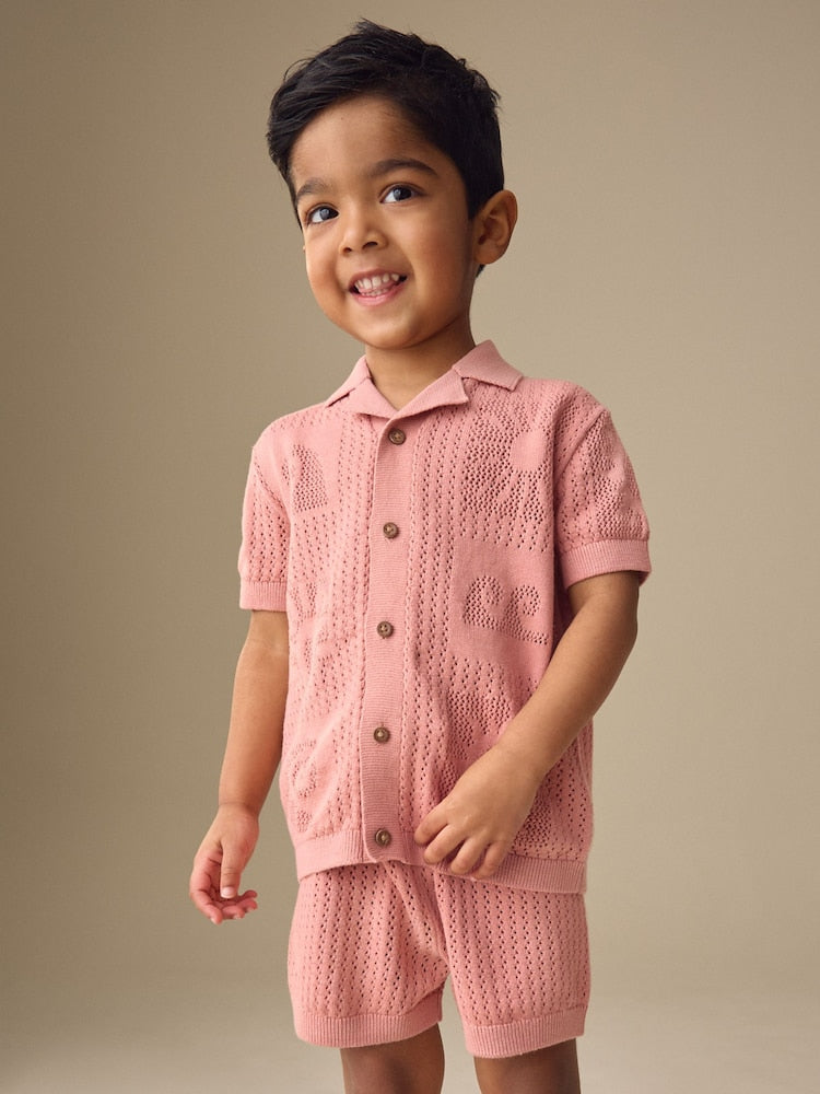 Dusky Pink Textured Knitted Polo Shirt and Shorts Set (3mths-10yrs)