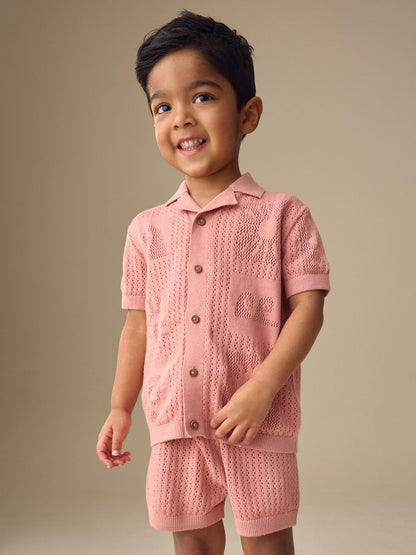 Dusky Pink Textured Knitted Polo Shirt and Shorts Set (3mths-10yrs)