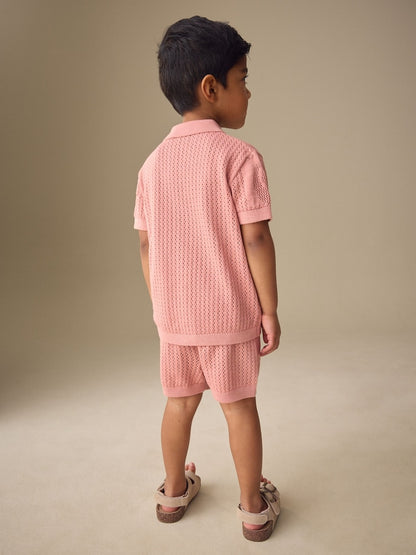 Dusky Pink Textured Knitted Polo Shirt and Shorts Set (3mths-10yrs)