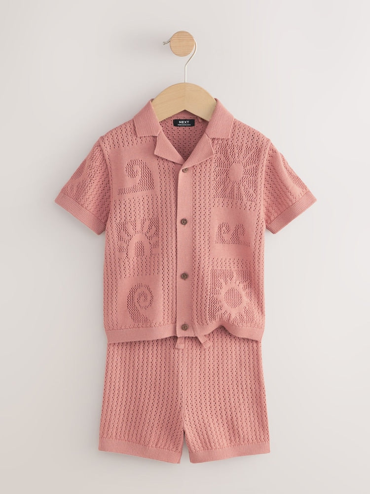 Dusky Pink Textured Knitted Polo Shirt and Shorts Set (3mths-10yrs)