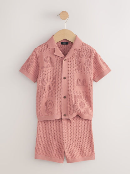 Dusky Pink Textured Knitted Polo Shirt and Shorts Set (3mths-10yrs)