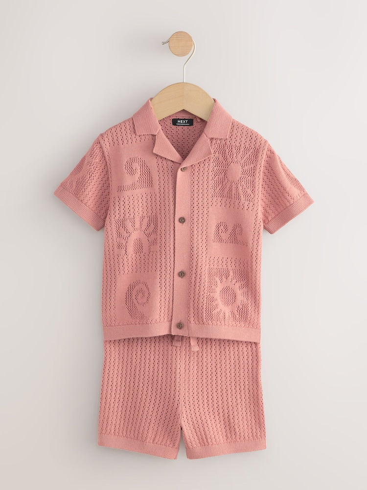 Dusky Pink Textured Knitted Polo Shirt and Shorts Set (3mths-10yrs)