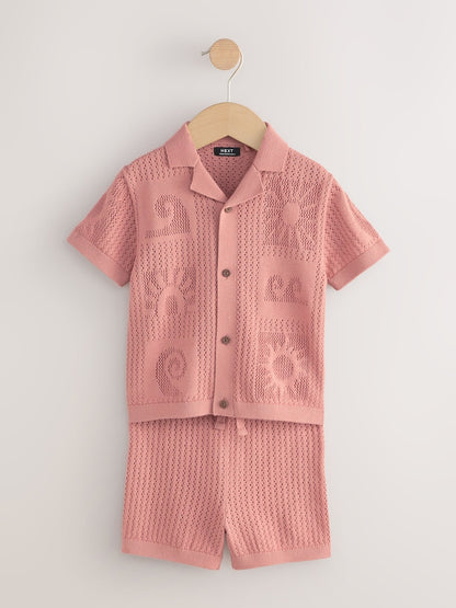 Dusky Pink Textured Knitted Polo Shirt and Shorts Set (3mths-10yrs)