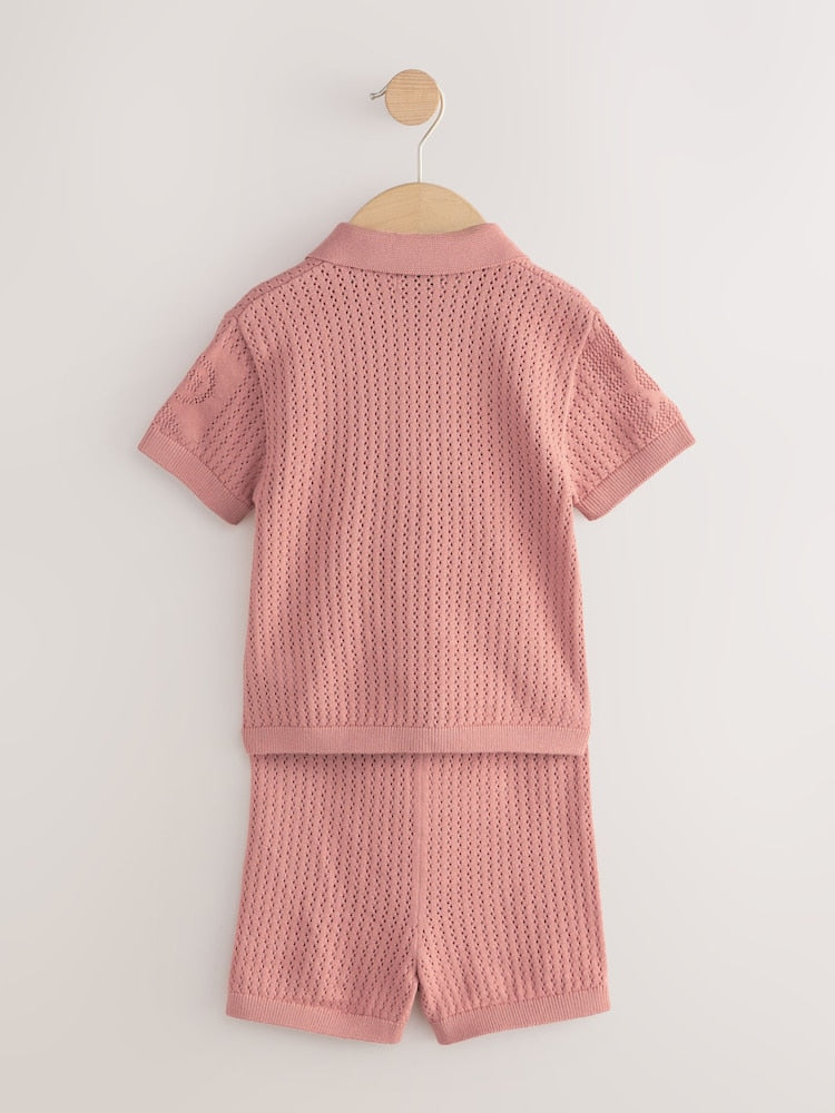 Dusky Pink Textured Knitted Polo Shirt and Shorts Set (3mths-10yrs)