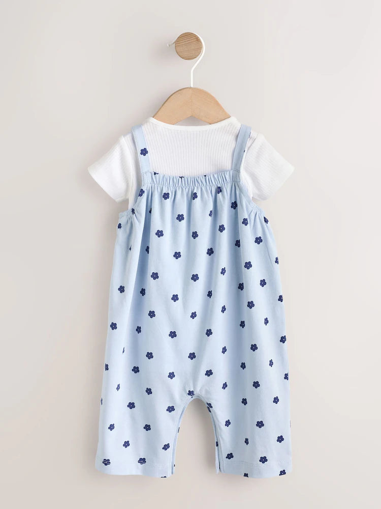 Blue Floral Baby Jersey Dungarees and Bodysuits Set 2 Piece (0mths-3yrs)