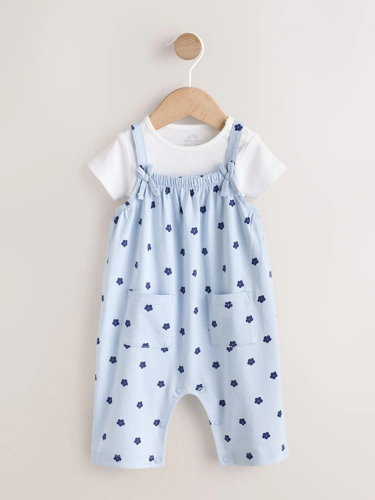 Blue Floral Baby Jersey Dungarees and Bodysuits Set 2 Piece (0mths-3yrs)