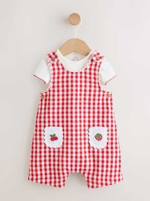 Red Gingham Printed Baby Dungarees and Bodysuits Set 2 Piece (0mths-2yrs)