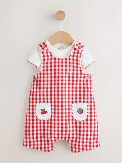 Red Gingham Printed Baby Dungarees and Bodysuits Set 2 Piece (0mths-2yrs)