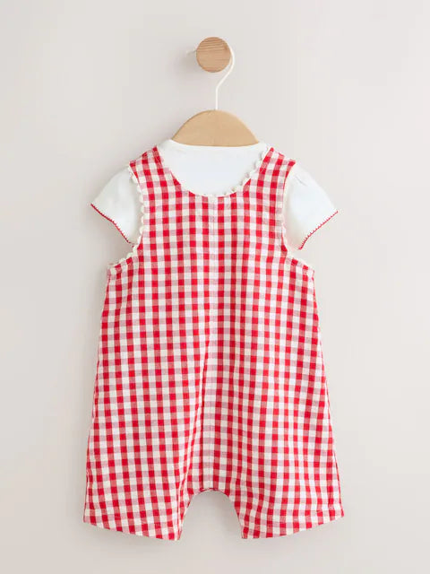 Red Gingham Printed Baby Dungarees and Bodysuits Set 2 Piece (0mths-2yrs)