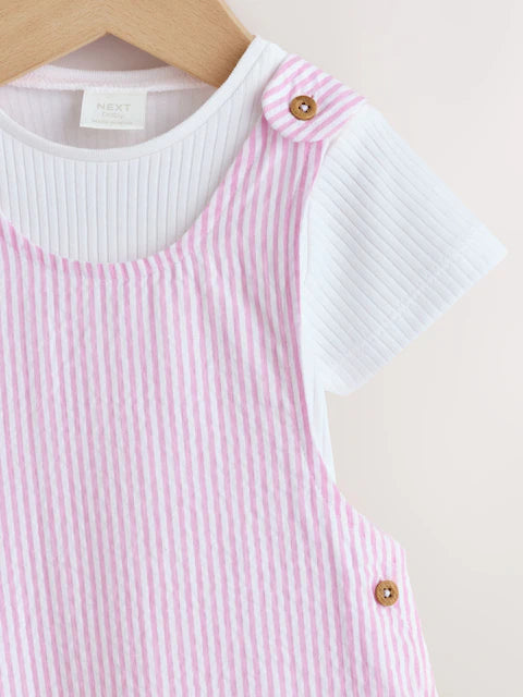 Pink and White Stripe Baby Dungarees and Bodysuits Set 2 Piece (0mths-2yrs)